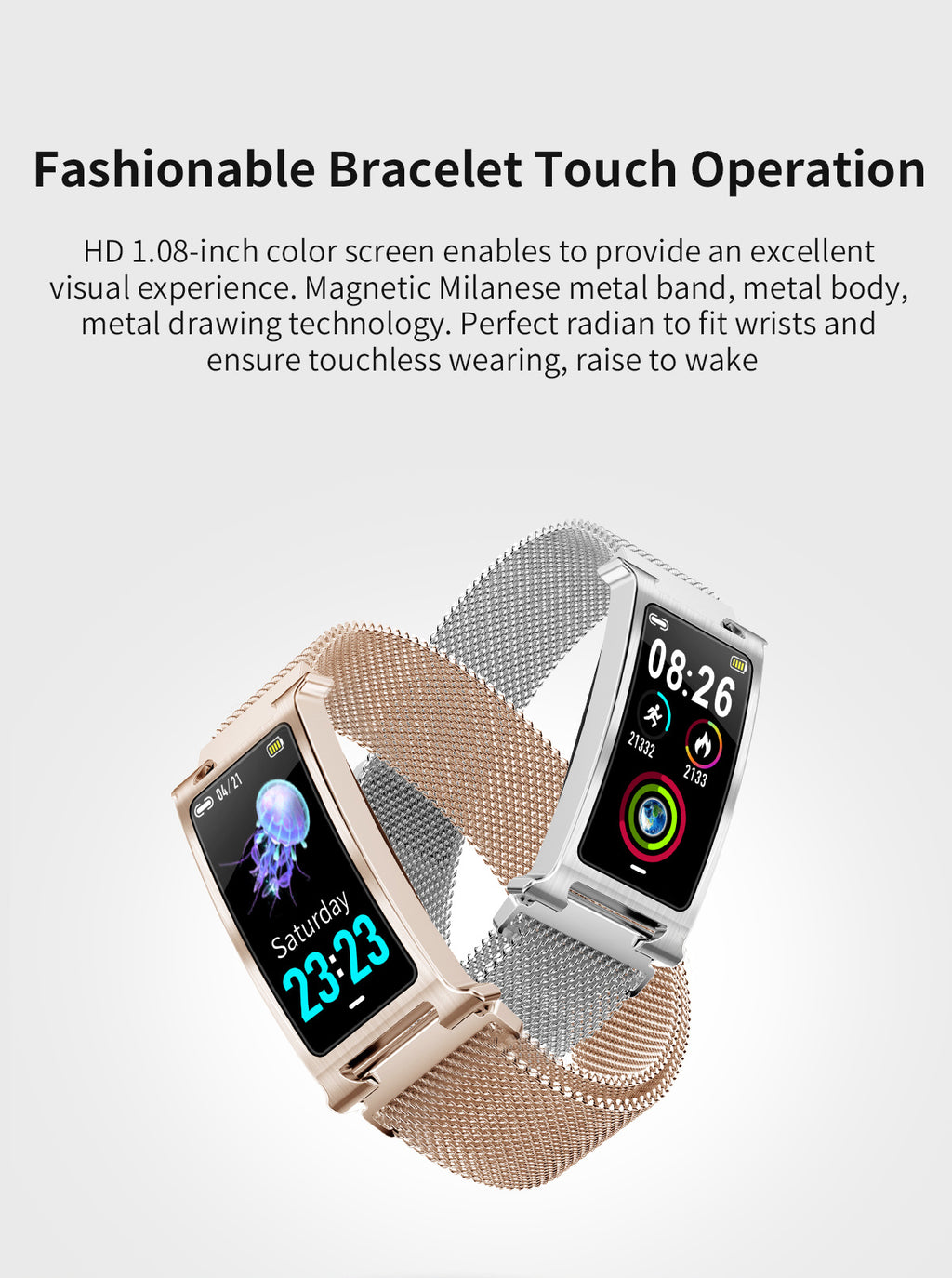 F8 aktivitetsarmbandsklocka med hjärtfrekvensmätning, vattenskydd och stegräkning.