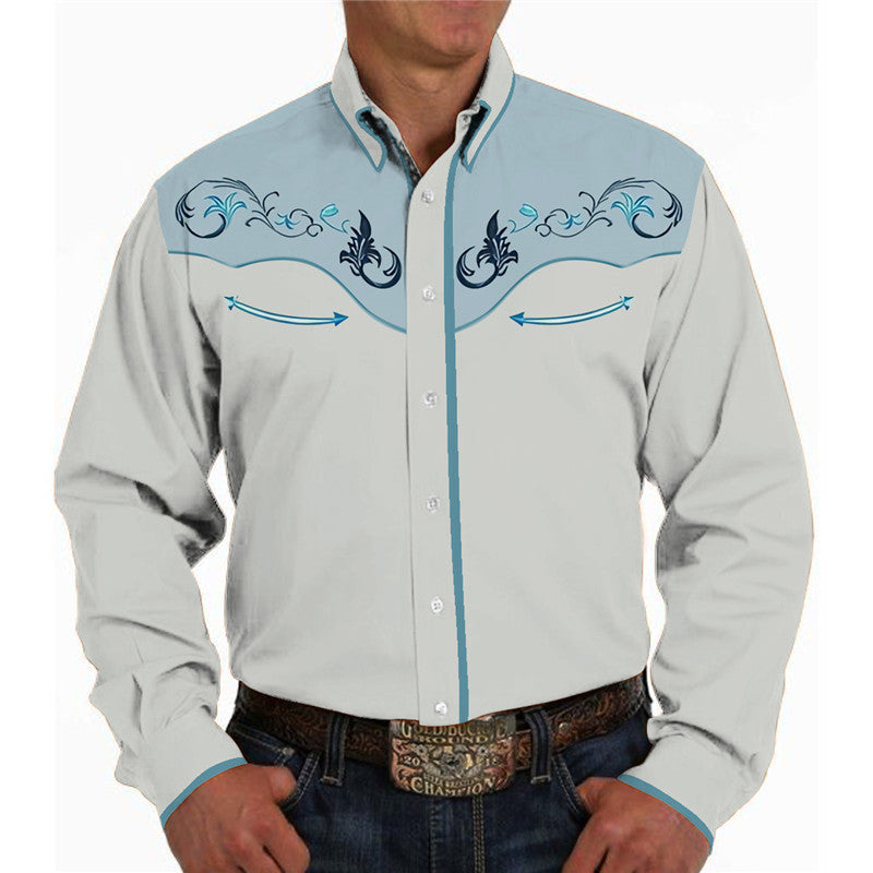 Camisa casual de manga larga con solapa y estampado 3D para hombre