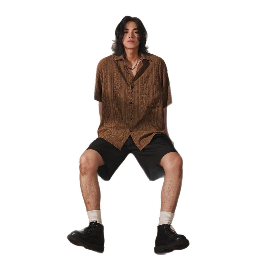 Camisa de manga corta calada de diseño retro nicho para hombre