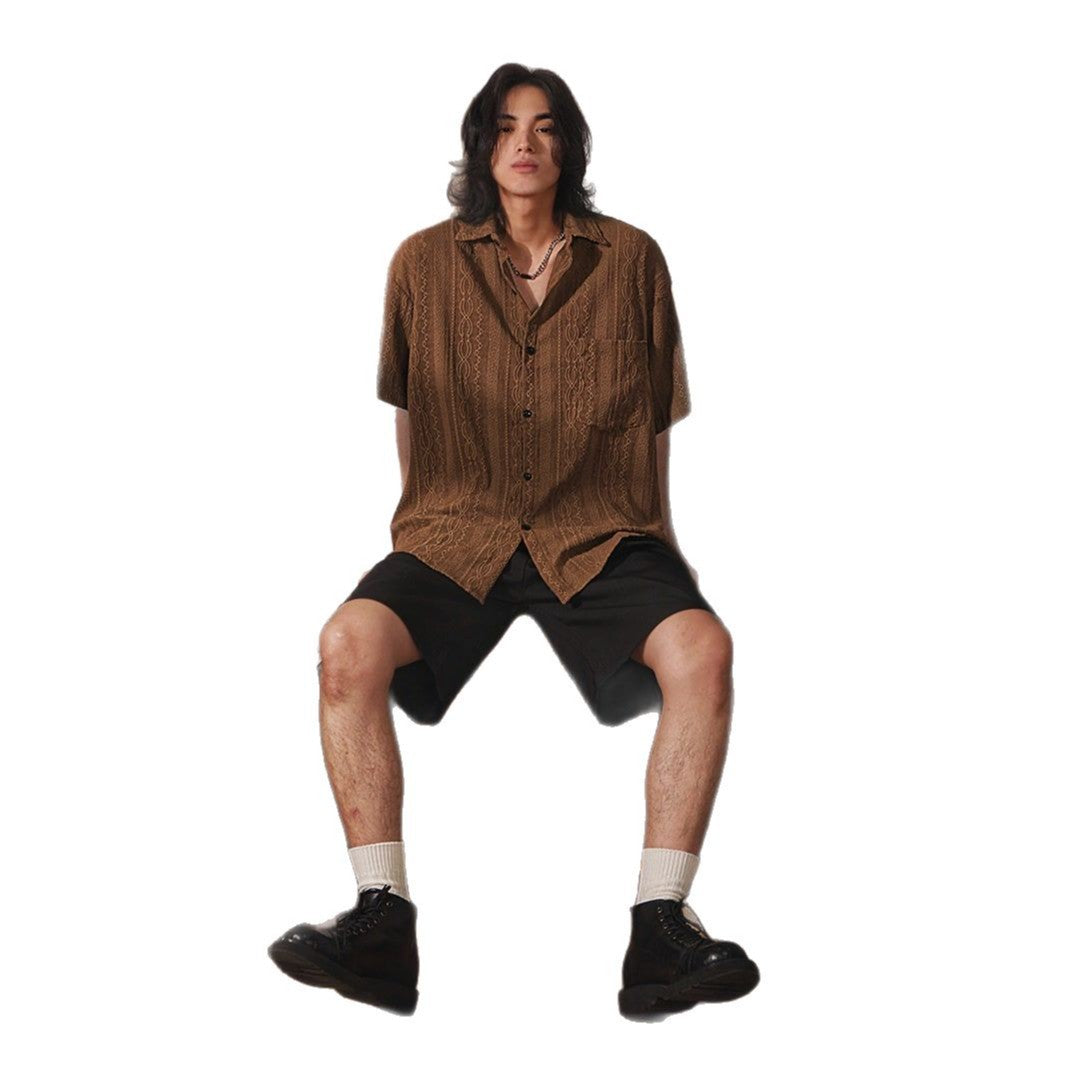 Camisa de manga corta calada de diseño retro nicho para hombre
