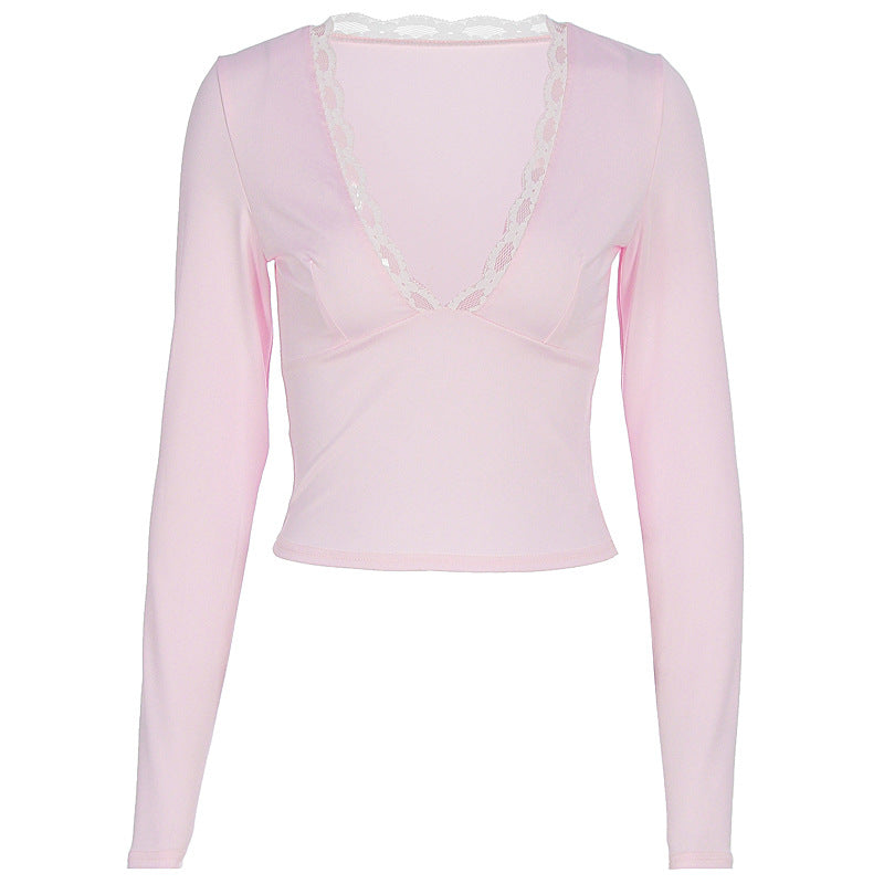 Solid Color V-neck Lace Trim Long Sleeve Fitted Top