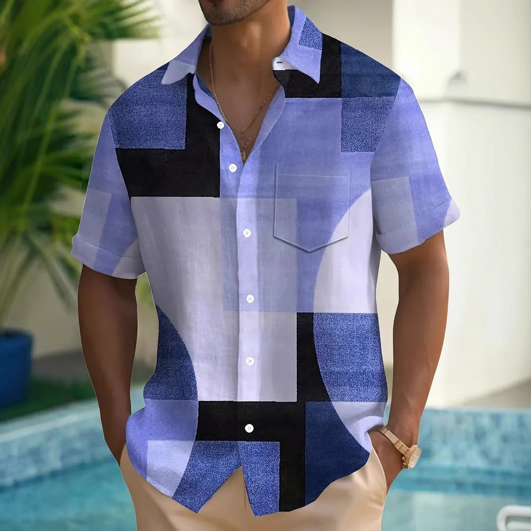 Klassisches Retro-Shirt mit geometrischem Muster, kontrastfarbenem Quadrat und 3D-Druck