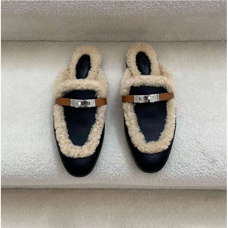 Baotou Mules femme à bout fermé, semelle plate et boucle