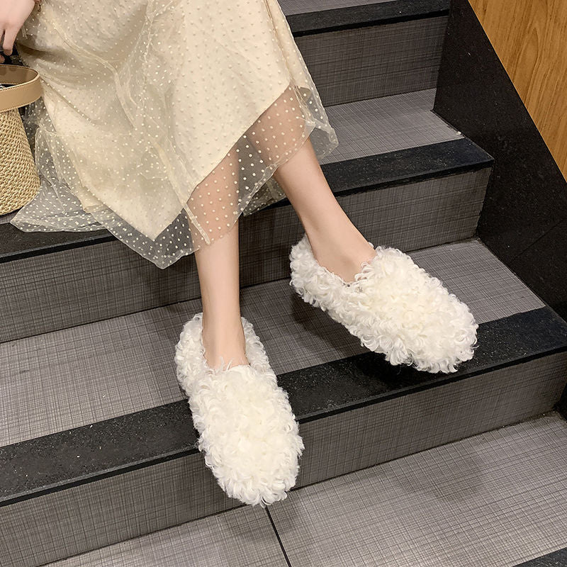 Lamb Curly Pumps Women's Flat Bottom