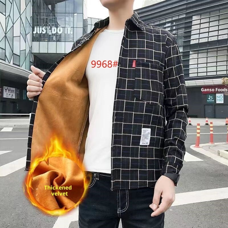 Camisa de manga larga para hombre de cuadros, engrosada y forrada de fleece para invierno