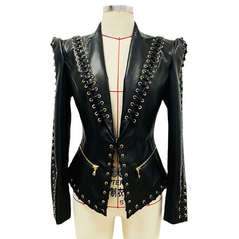 Fashion Heavy Industry Eyelet Rope Slim-fit Leather Coat Suit Jacket