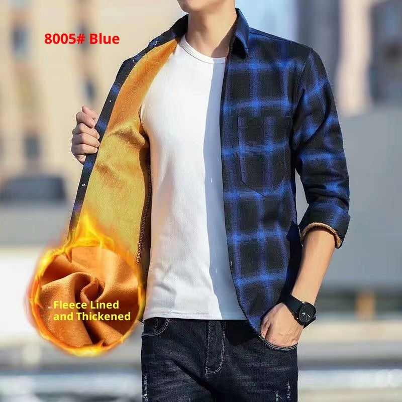 Camisa de manga larga para hombre de cuadros, engrosada y forrada de fleece para invierno