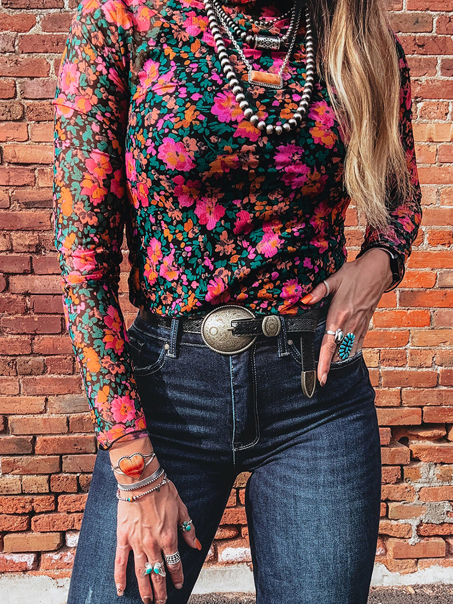 Top para mujer de cuello redondo, elegante y versátil, con estampado floral