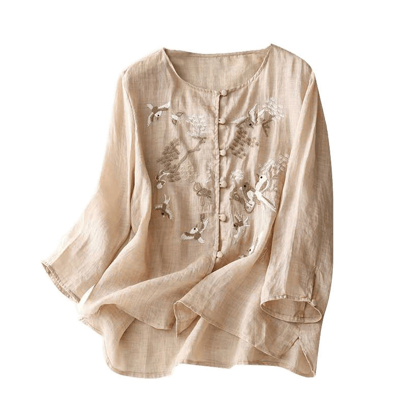 Camisa casual bordada para mujer de algodón y lino