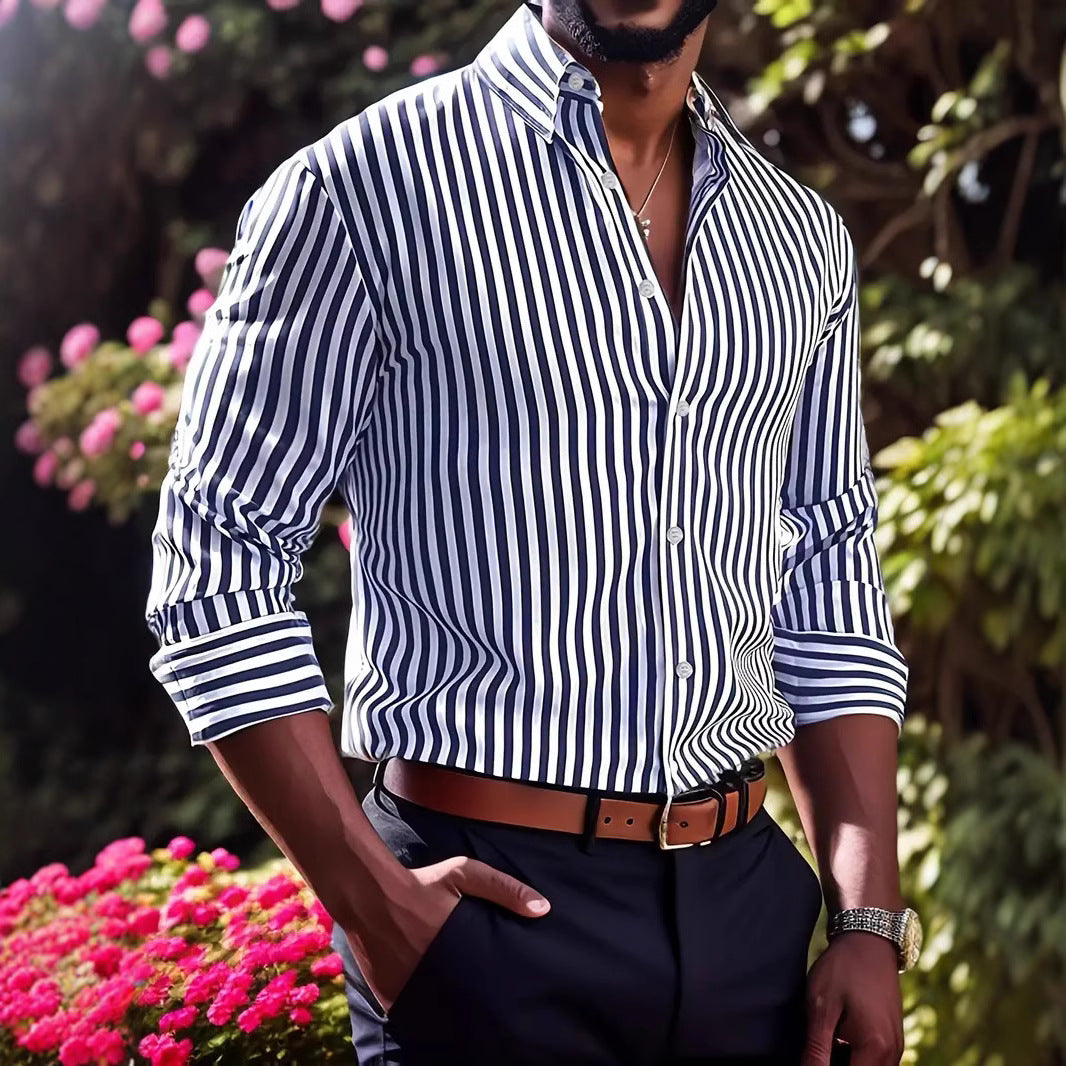 Ins Striped Printed Long-Sleeve Shirt for Men, Casual Fashion Lapel Button Top