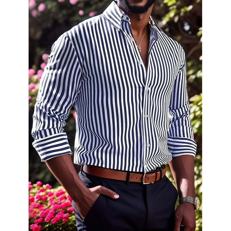 Camisa Masculina Slim Listrada Manga Longa Moda Jovem