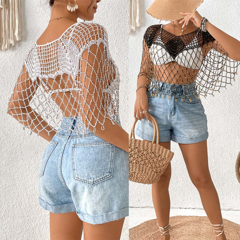 Eurooppalainen Ja Amerikkalainen Ontto Helmikoristeinen Hapsuviitta Läpikuultava Aurinkosuoja Ranta Bikinipeittäjä