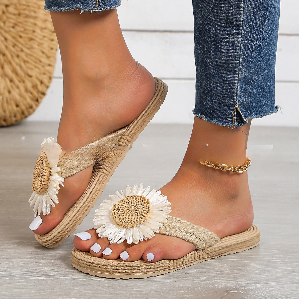 Sandalias casuales planas de lino para mujer, nuevas de moda de verano, sencillas con flores