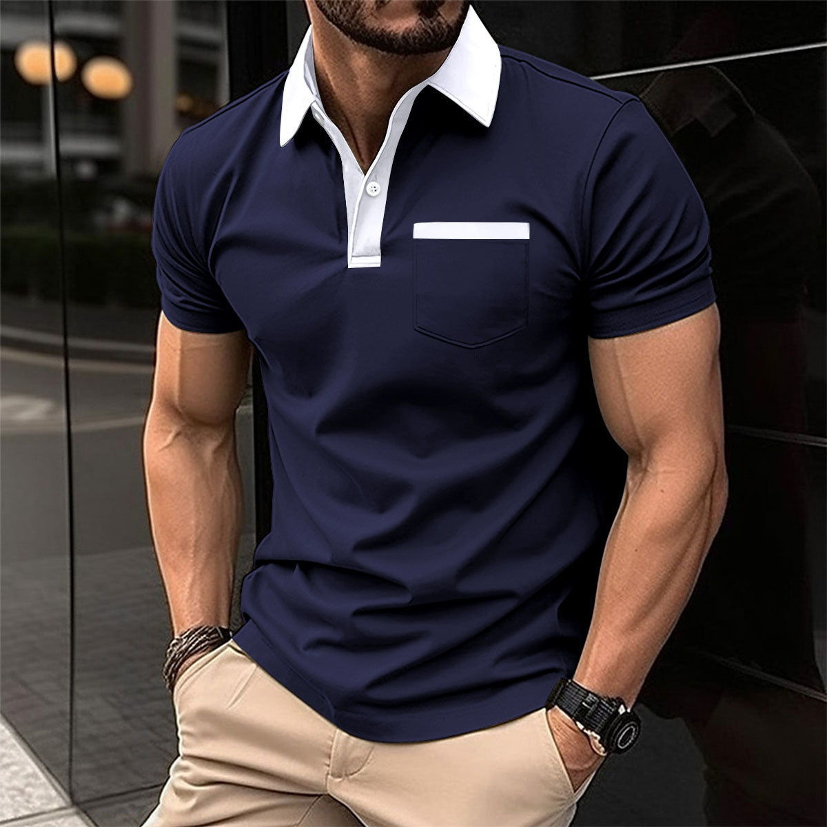 Camiseta polo de manga corta para hombre, ajuste slim, con bolsillo y cuello solapa