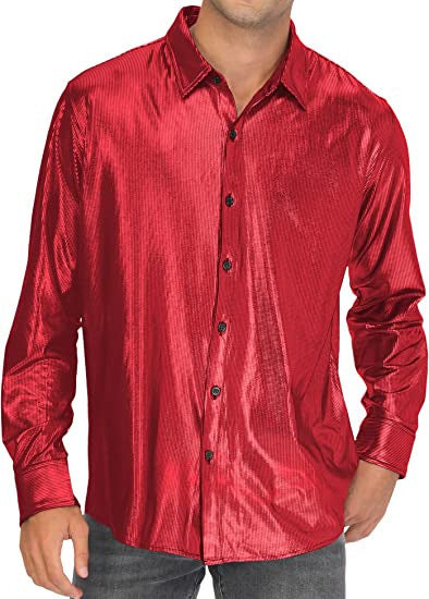 Camisa abotonada casual de color liso con lentejuelas para hombre
