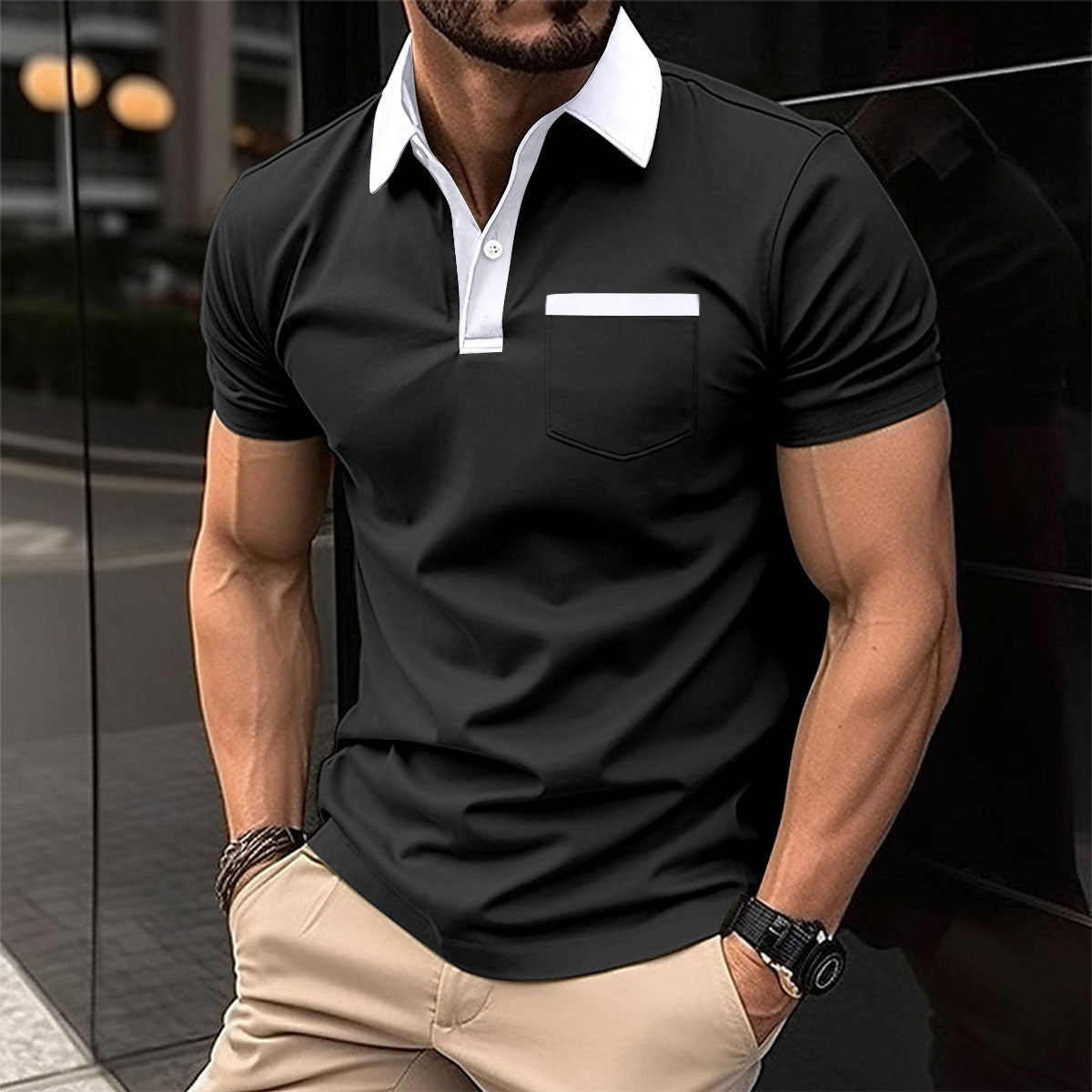 Camiseta polo de manga corta para hombre, ajuste slim, con bolsillo y cuello solapa
