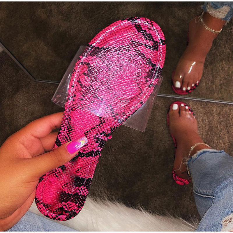 Nuevas sandalias planas transparentes con estampado de serpiente fluorescente para mujer de verano