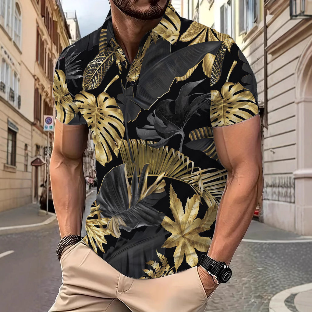 Camisa estampada de moda para hombre, de manga corta, con patrón tropical vegetal dorado