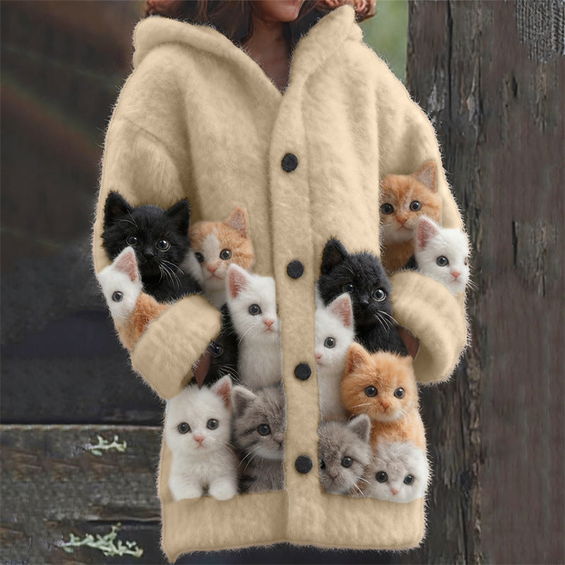 Nueva chaqueta capa informal con capucha y estampado de gato impreso en 3D