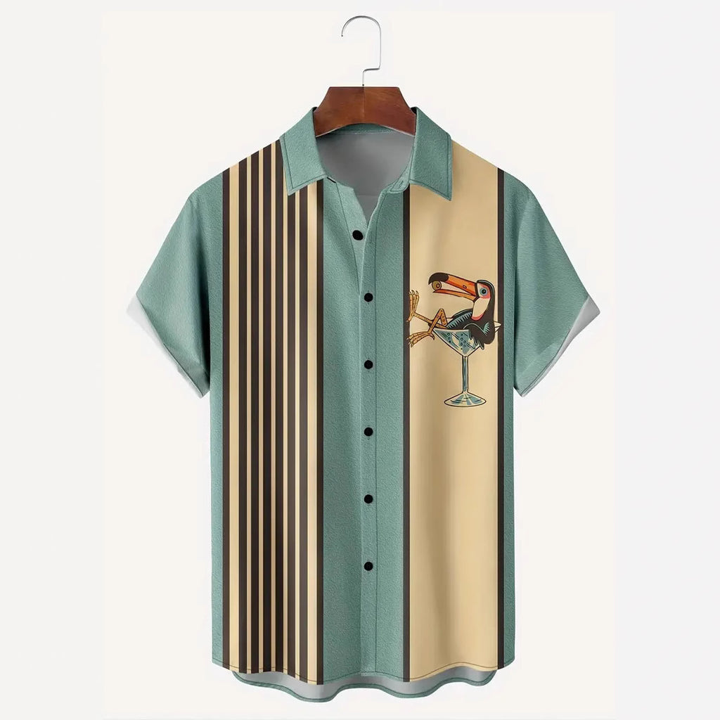 Camisa hawaiana de hombre de manga corta con estampado a rayas y hebilla