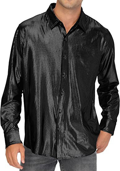Camisa abotonada casual de color liso con lentejuelas para hombre