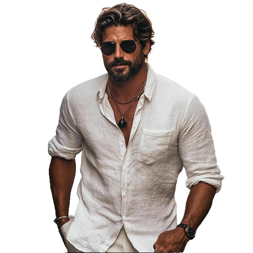 Camisa de hombre con solapa, transpirable, casual, de manga larga, bolsillo chino