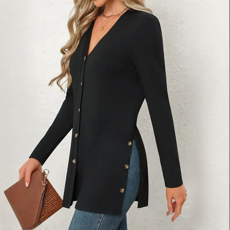 Cárdigan de mujer con abertura lateral - Primavera/Otoño 2025, ligero, cuello en V, con botones, para llevar sobrepuesta