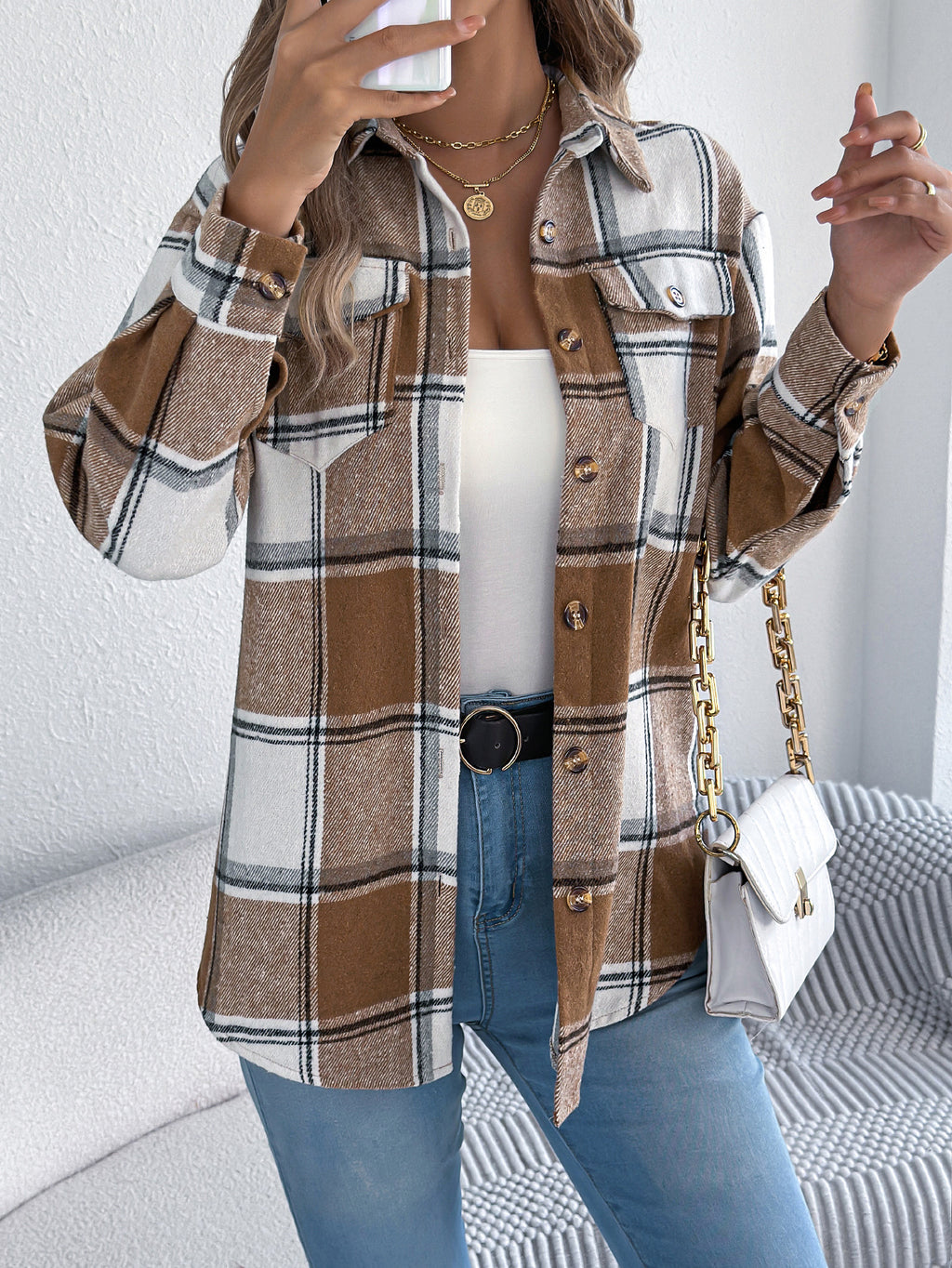 Abrigo de tweed de longitud media para mujer, informal, de cuadros, con bolsillos falsos y manga larga