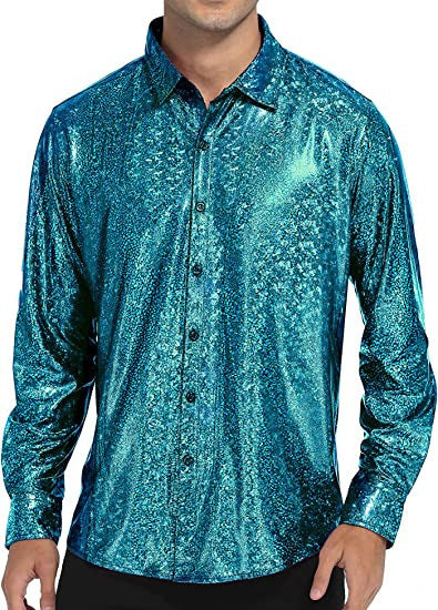 Camisa abotonada casual de color liso con lentejuelas para hombre
