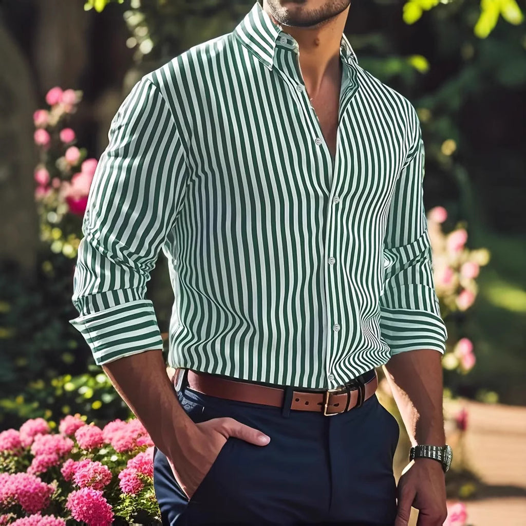 Ins Striped Printed Long-Sleeve Shirt for Men, Casual Fashion Lapel Button Top