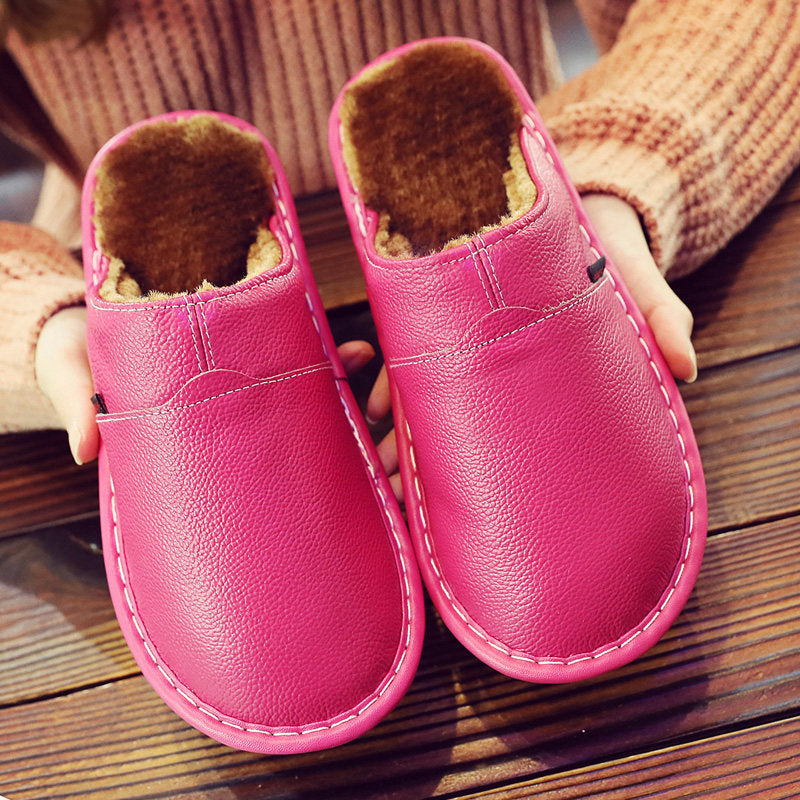 Pantuflas térmicas de algodón de cuero genuino para pareja, de piel de vaca, impermeables