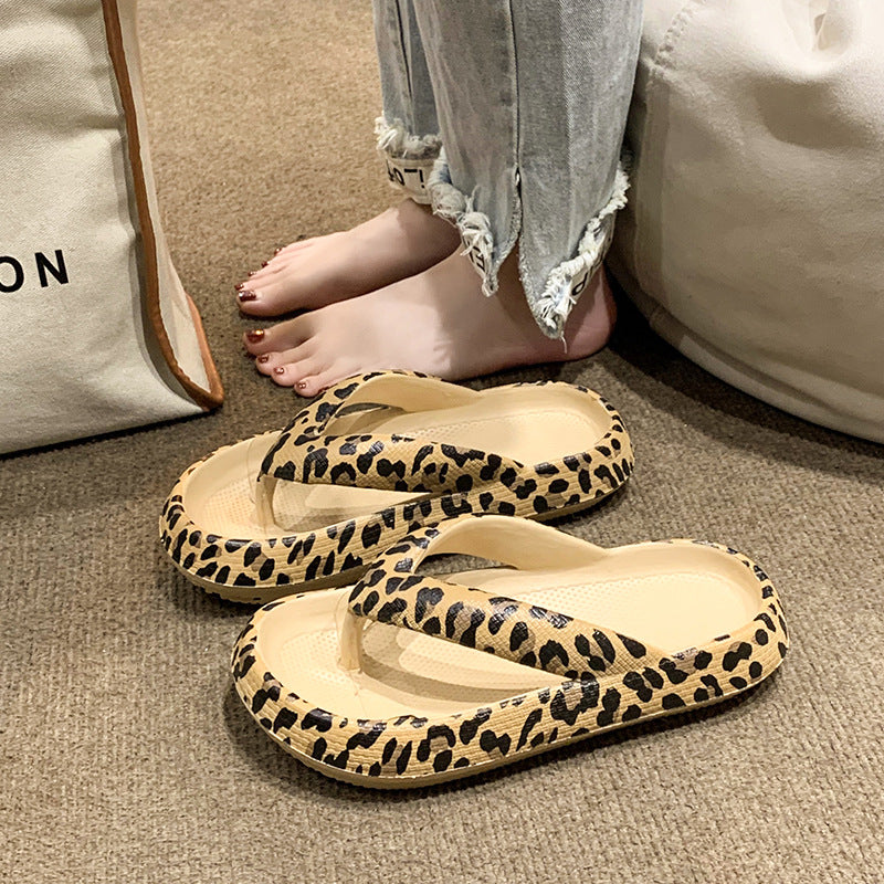 German
Damen-Slipper mit Fischgrätenmuster, Sommer, Zehenclip, dicke Sohle, Leopardenmuster
