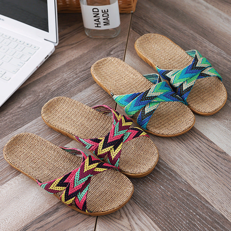 Pantuflas de lino para mujer con suela gruesa antideslizante