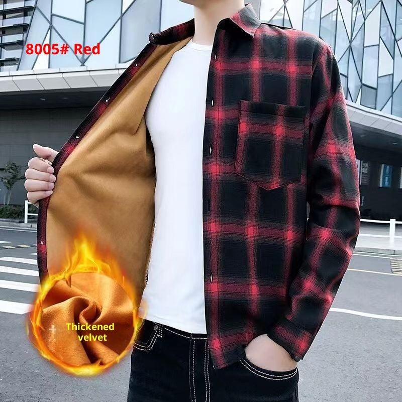 Camisa de manga larga para hombre de cuadros, engrosada y forrada de fleece para invierno