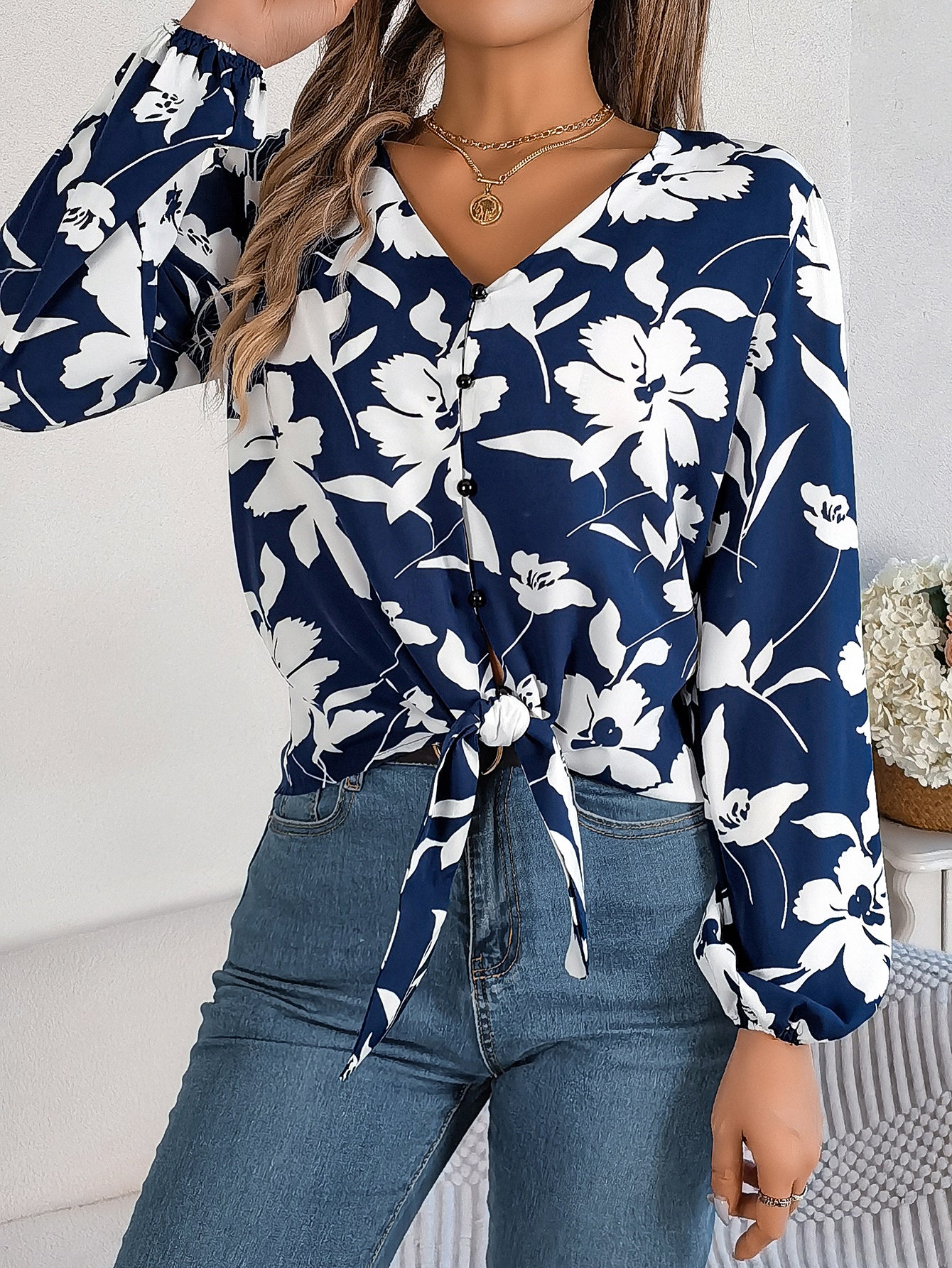 Top de gasa para mujer con estampado floral, mangas farol, bloques de color y cintura ajustable con lazo
