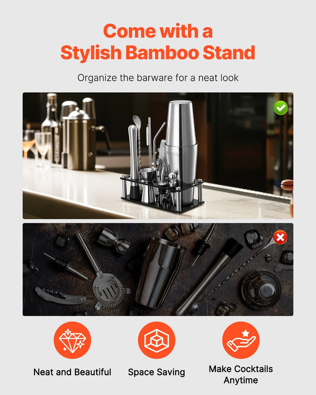 Set shaker cocktail, 14 pièces en acier inoxydable avec support acrylique, accessoires de barman Boston | cuillère mélange, pilon, doseurs, passoire, verseur, pince à glace, tire-bouchon, argenté