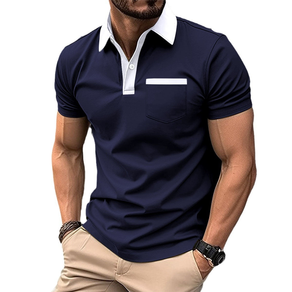 Camiseta polo de manga corta para hombre, ajuste slim, con bolsillo y cuello solapa