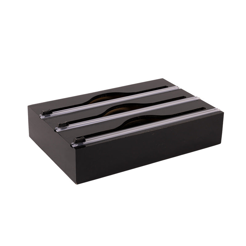 Organisateur 3 en 1 en bambou pour films avec coupeur et étiquettes, distributeur de film plastique, papier aluminium et papier ciré pour cuisine