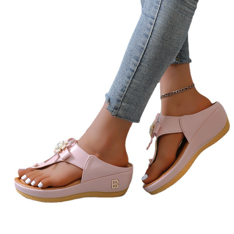 Sandalias tipo chancla con cuña y flor para mujer, talla grande, de playa