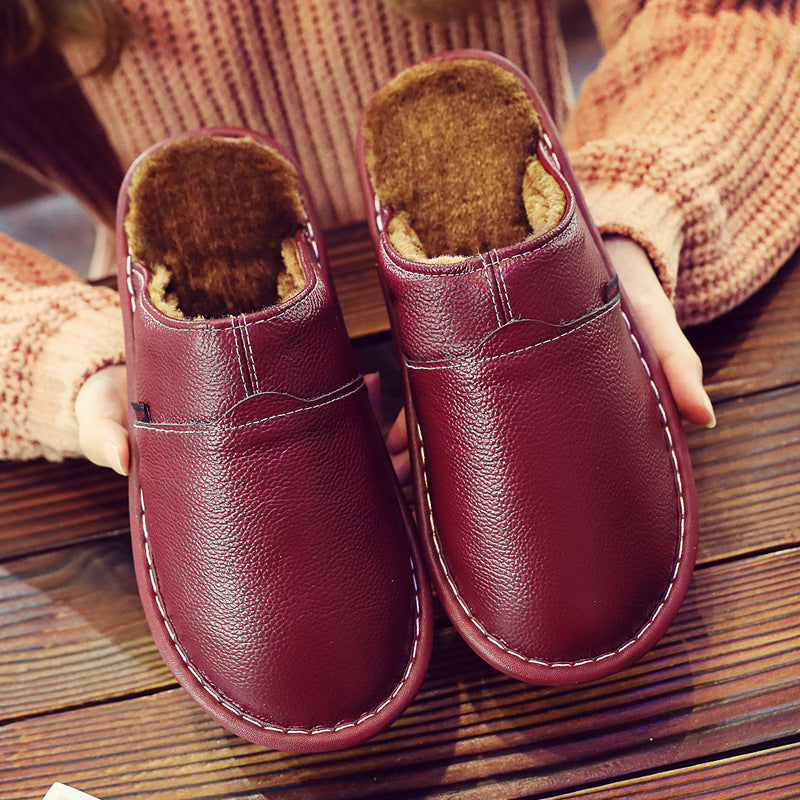 Pantuflas térmicas de algodón de cuero genuino para pareja, de piel de vaca, impermeables