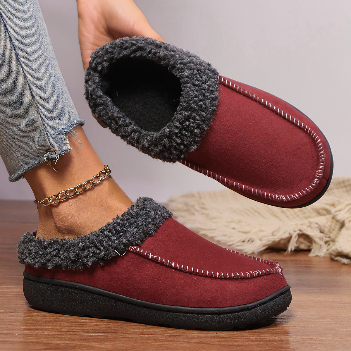 Zapatillas de algodón gruesas para casa, de otoño e invierno, con talón semicubierto
