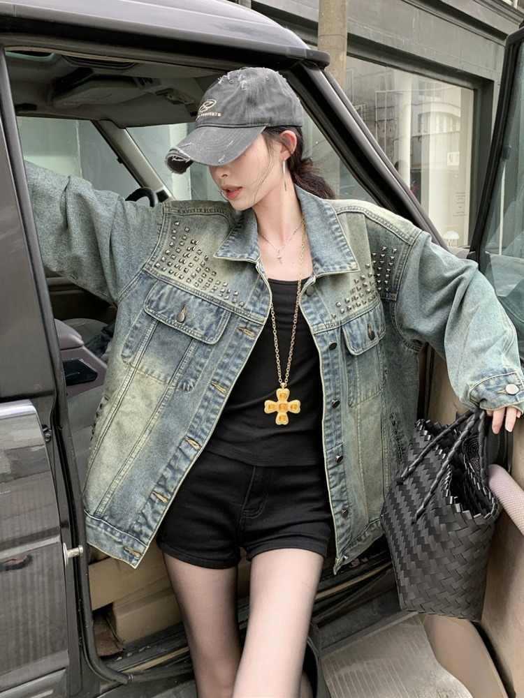 Veste en denim robuste à rivets American Vintage pour femme, printemps et automne