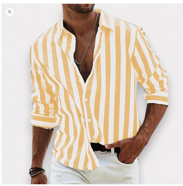 Camisa casual holgada de manga larga a rayas teñida en hilo para hombre