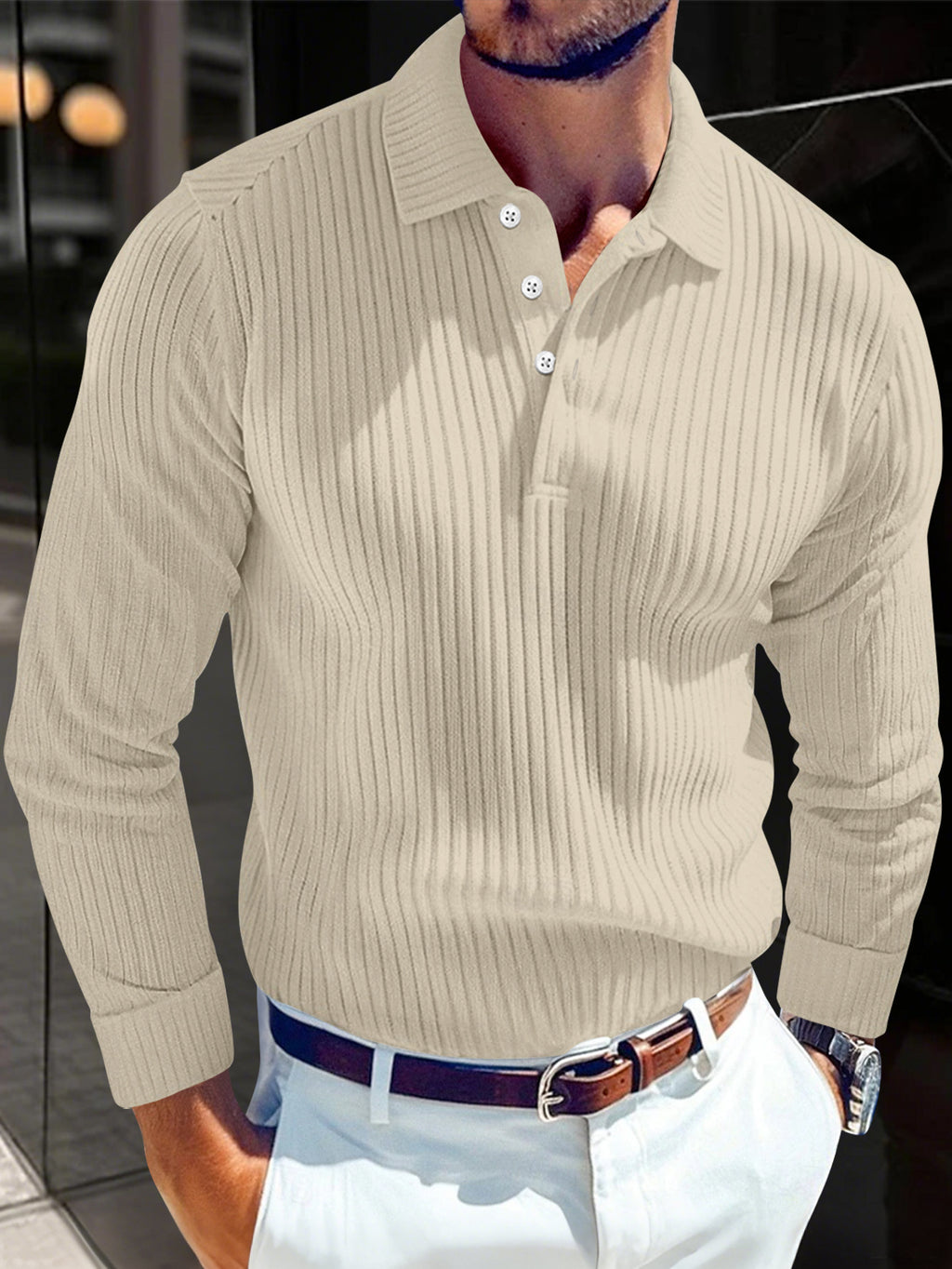 Men's T-Shirt with Turn-Down Collar, Buttoned Long-Sleeve Polo Shirt