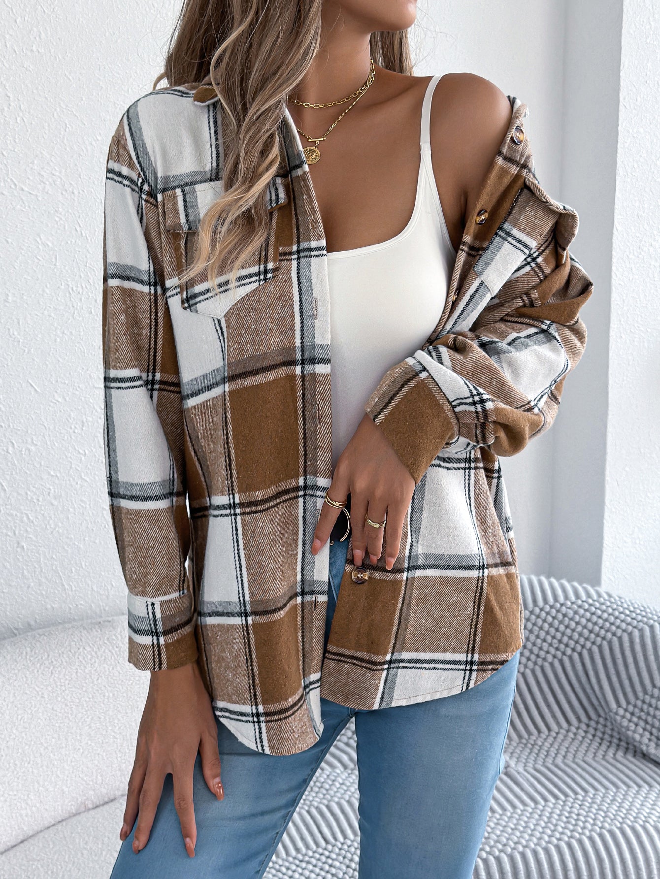 Abrigo de tweed de longitud media para mujer, informal, de cuadros, con bolsillos falsos y manga larga