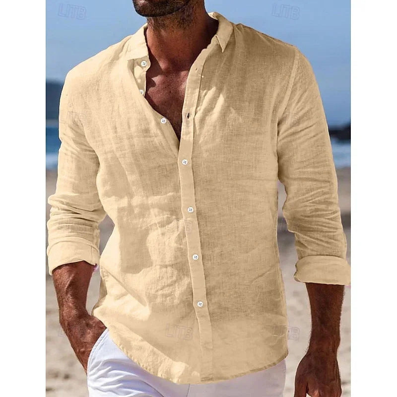 Camisa informal de algodón y lino de color liso para hombre
