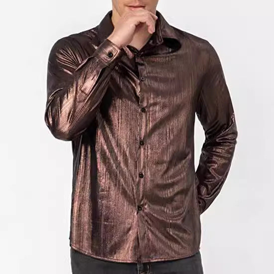 Camisa social masculina de botão com lantejoulas, cor lisa e estilo casual