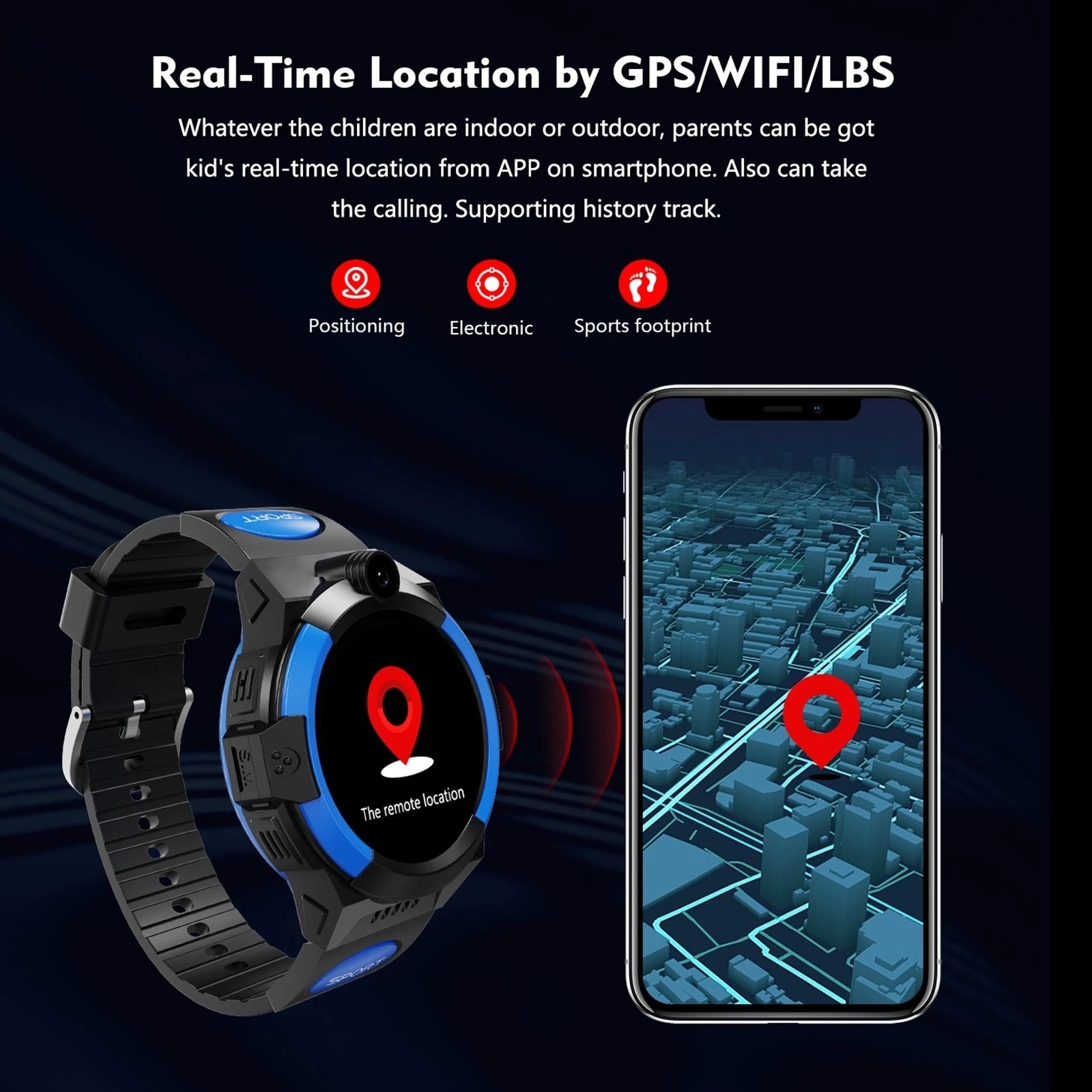 4G-kompatibel smartklocka för barn med videosamtal, positionering och flertalet kommunikations- och säkerhetsfunktioner.