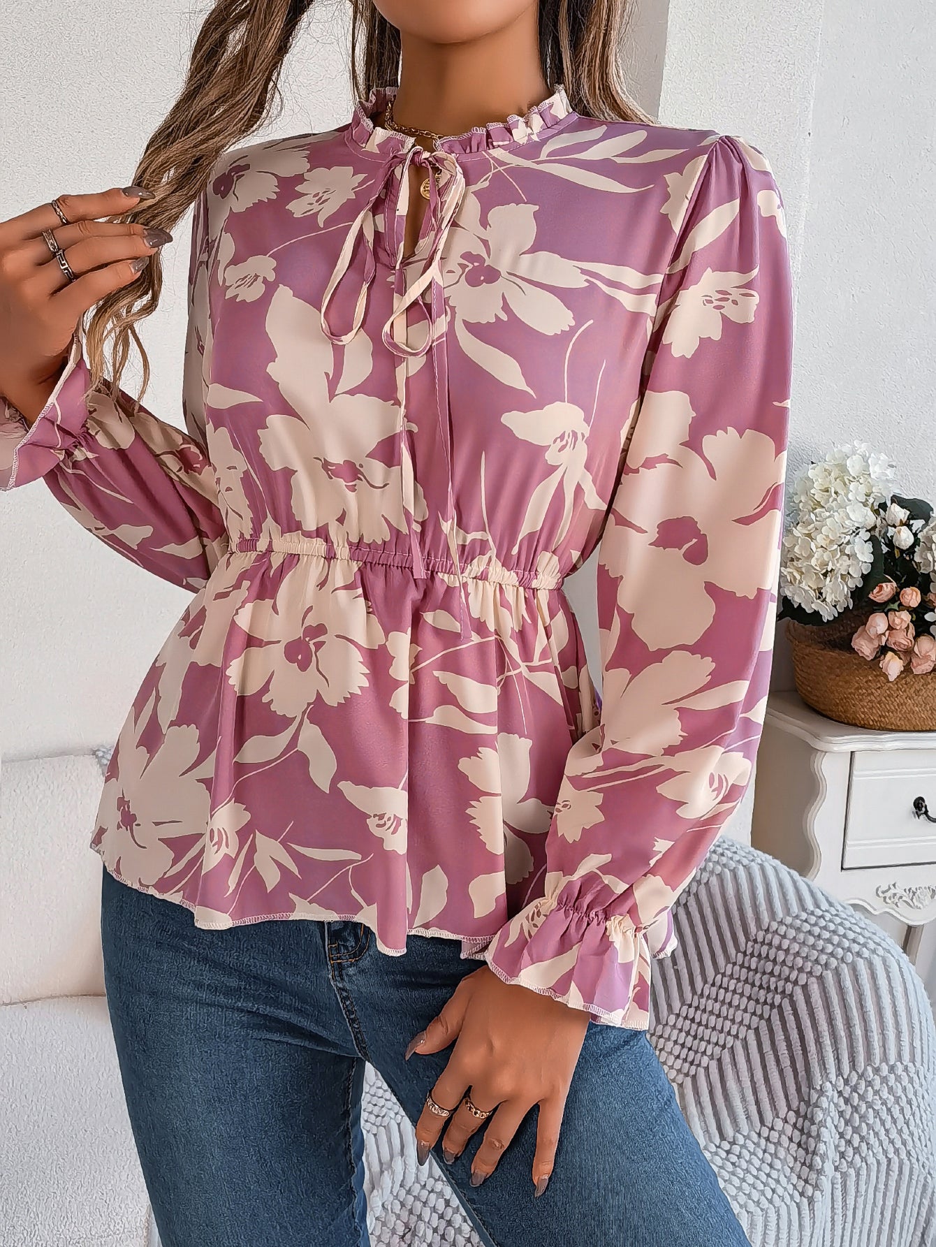 Top de gasa floral de manga larga con lazo en la cintura para mujer