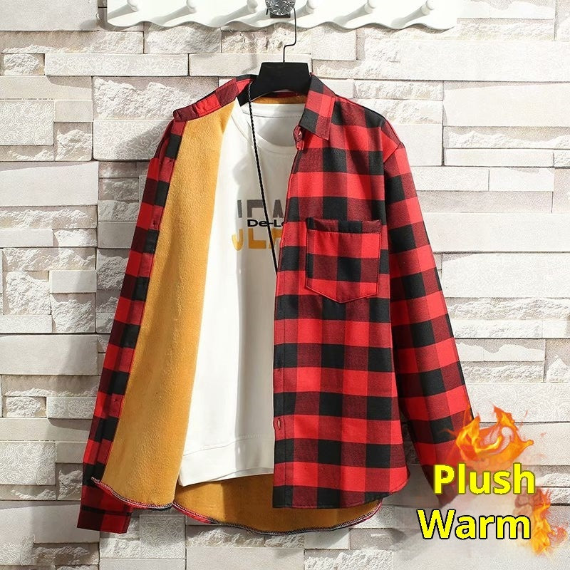 Camisa de manga larga para hombre de cuadros, engrosada y forrada de fleece para invierno